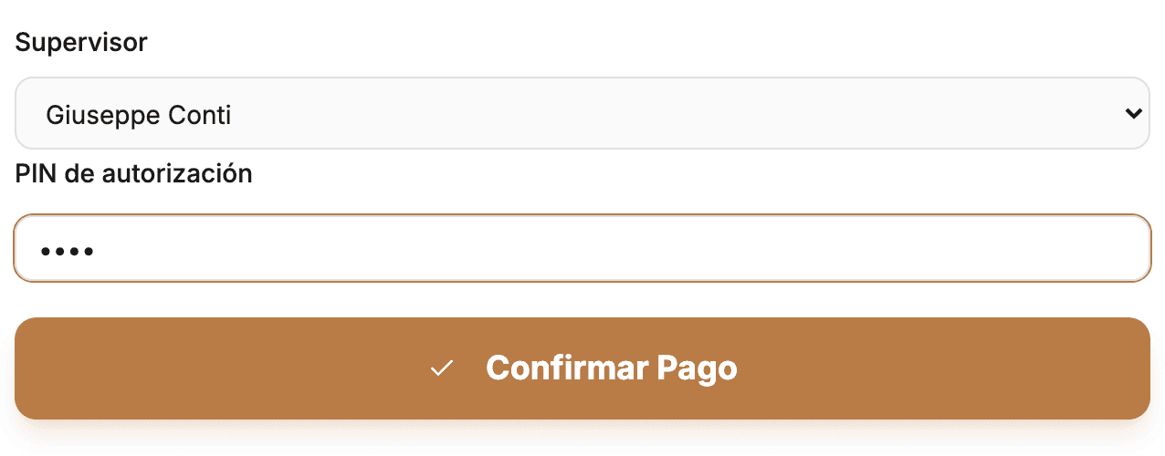 Campos Supervisor y PIN de autorización en la ventana de pago de un pedido con descuento.