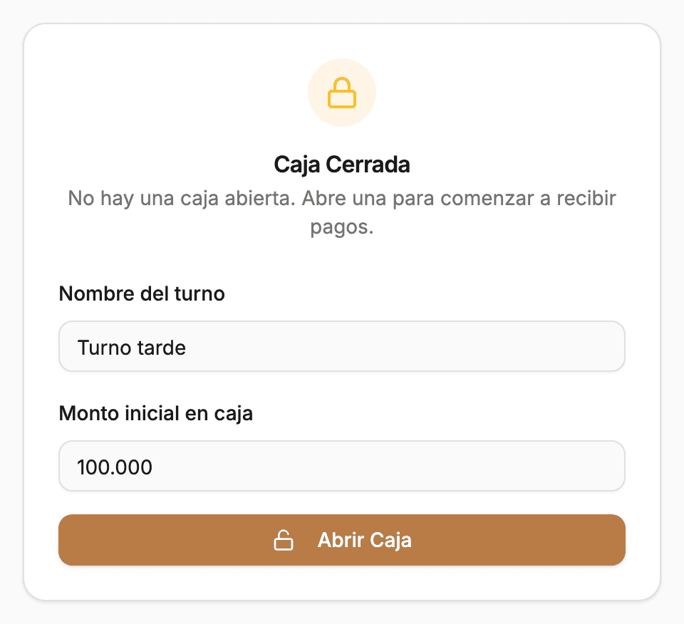 Formulario «Caja Cerrada» con el nombre del turno y el monto inicial para que el cajero abra su propia caja.