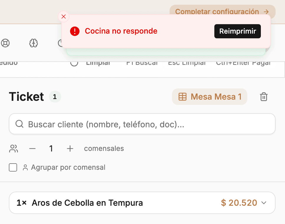 Aviso «Cocina no responde» con el botón Reimprimir en el POS.