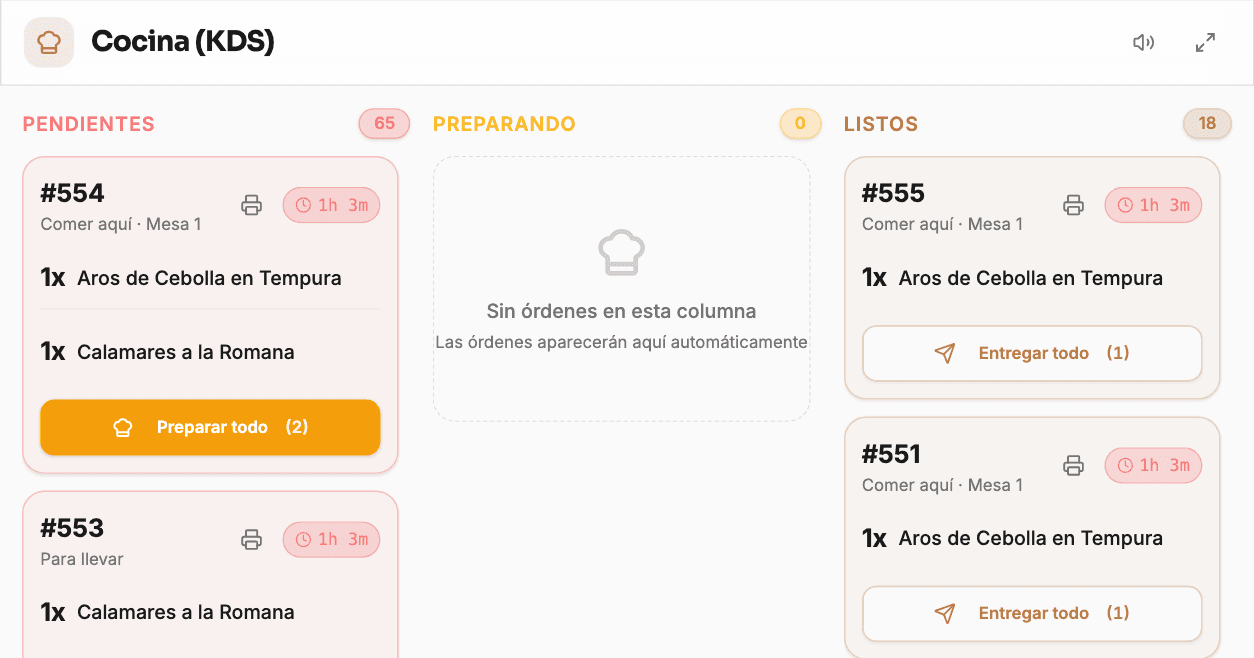 Pantalla de cocina con pedidos ya cobrados en las columnas Pendientes y Listos.