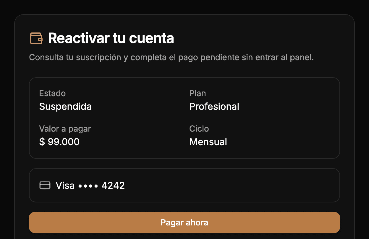 Página «Reactivar tu cuenta» con el estado Suspendida, el plan, el valor a pagar y el botón Pagar ahora.