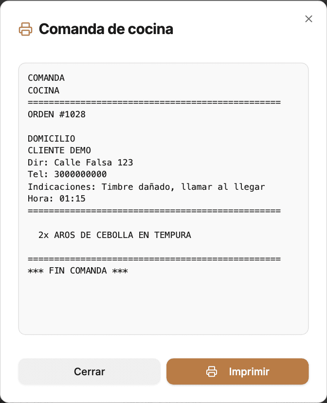 Vista previa de la comanda de cocina de un domicilio con la dirección, el teléfono y las indicaciones.