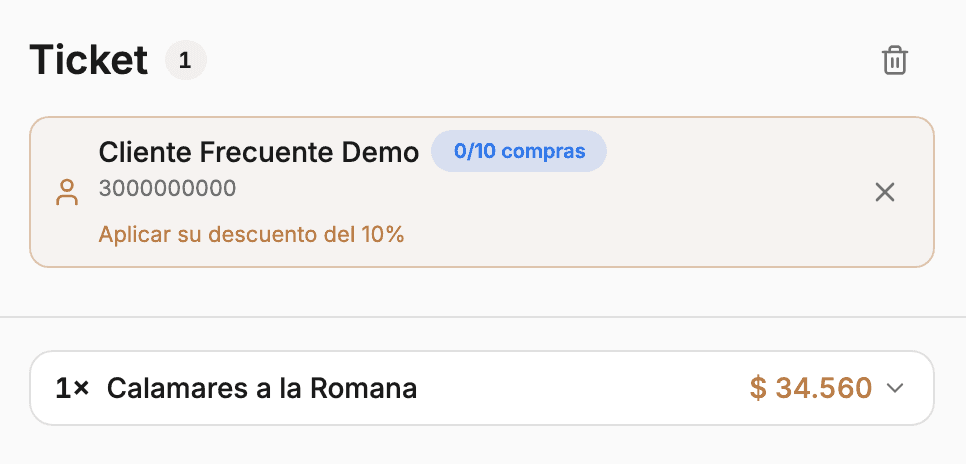 Cliente vinculado en el ticket del POS con el botón «Aplicar su descuento del 10%».