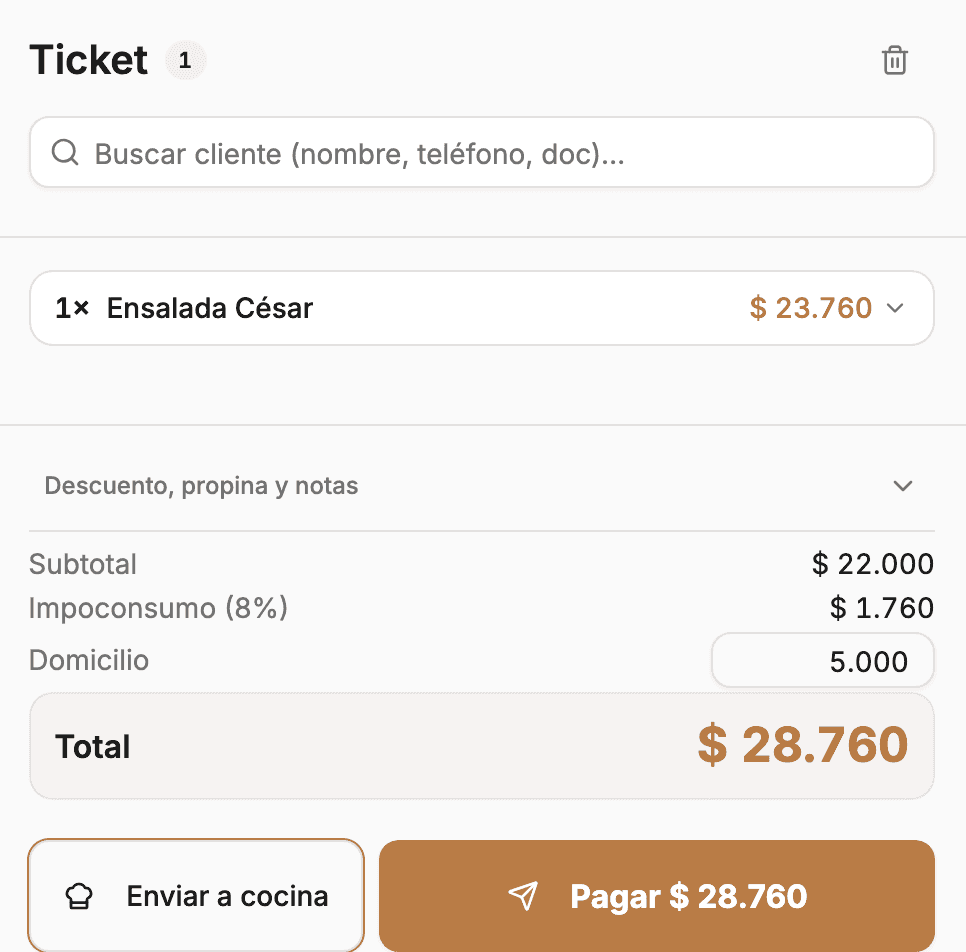 Ticket de un domicilio en el POS: subtotal de $ 22.000, impoconsumo del 8 % de $ 1.760, domicilio de $ 5.000 sin impuesto y total de $ 28.760.