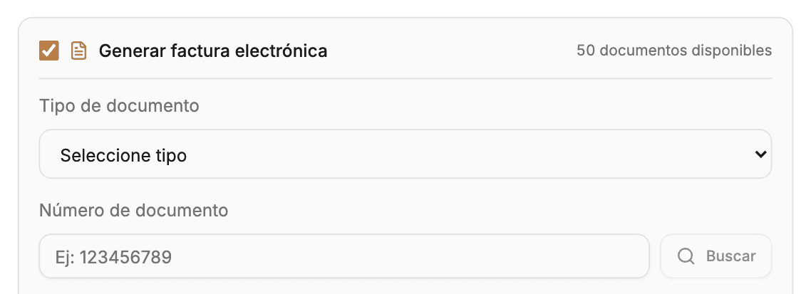 Opción «Generar factura electrónica» marcada al cobrar, con 50 documentos disponibles y los campos de tipo y número de documento.