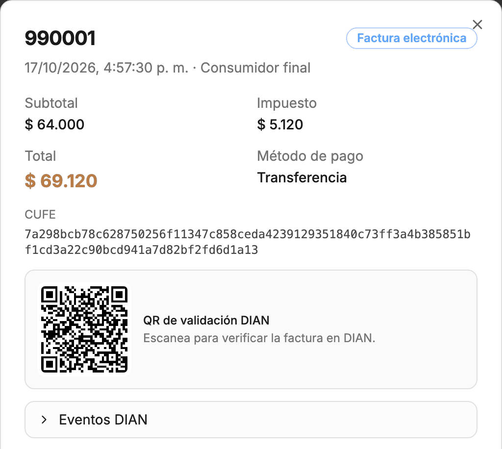 Detalle de una venta con factura electrónica: totales, CUFE y el QR de validación DIAN.