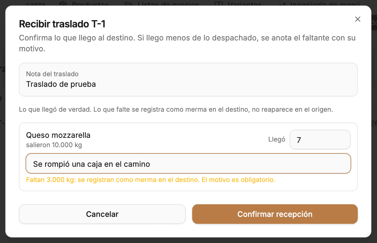 Recepción de un traslado: salieron 10 kg de queso, llegaron 7 y el aviso indica que los 3 kg que faltan se registran como merma en el destino.